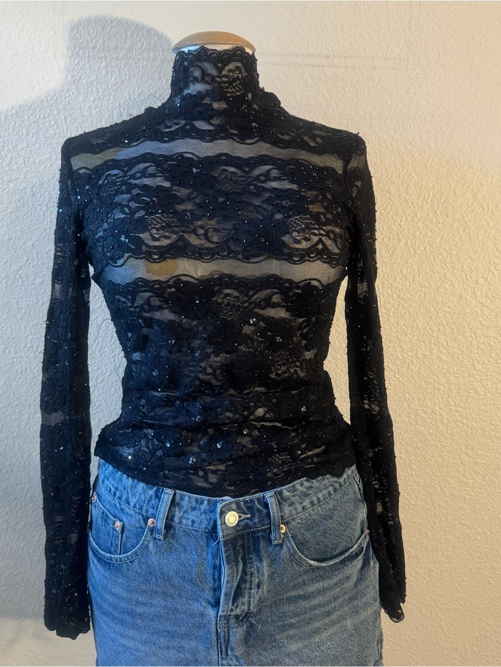 Y2K Cache Long Sleeve Top Lace Beaded Sz S Fairy Grunge Victorian Vampire Core
